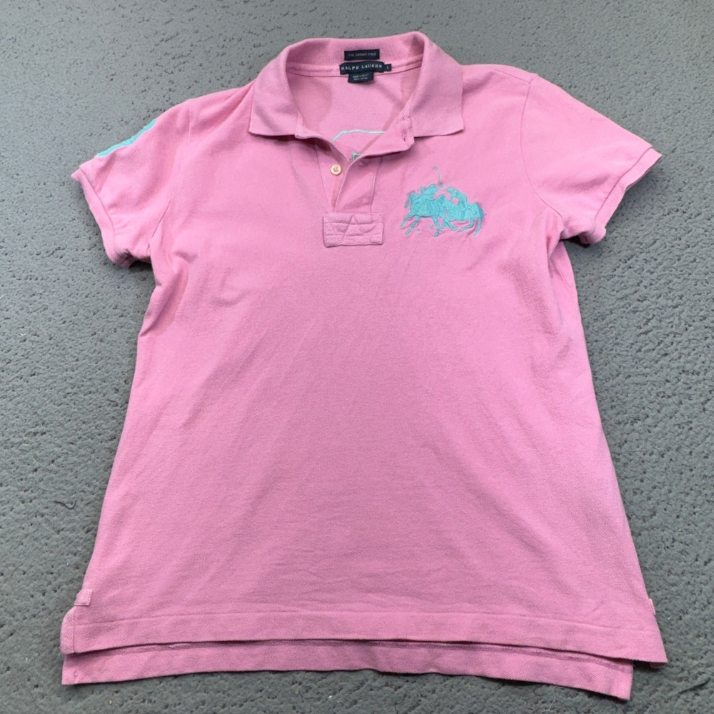 Polo Ralph Lauren Polo Shirt Womens Large Pink Big Double Pony Skinny Fit Preppy